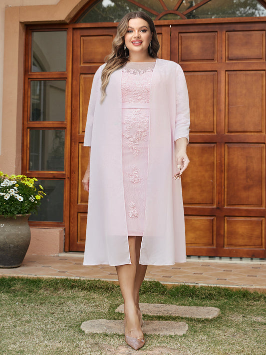 Sheath/Column Sheer Neck 3/4 Sleeves Knee-Length Plus Size Evening Dresses with Appliques & Jacket