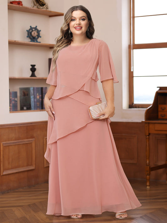 A-Line/Princess Scoop Short Sleeves Tiered Chiffon Plus Size Mother of the Bride Dresses