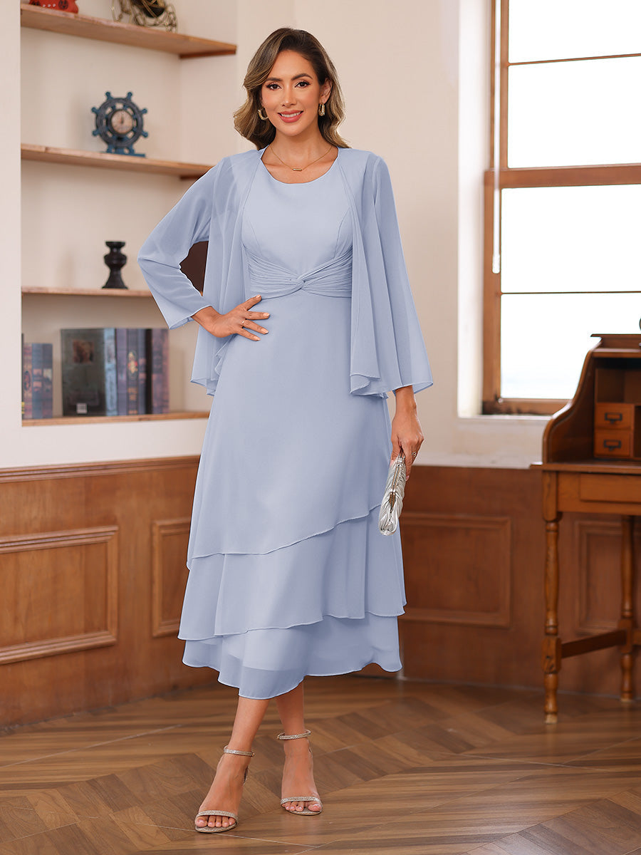 A-Line/Princess Scoop Two Pieces Tiered Mother of the Bride Dresses with Jacket