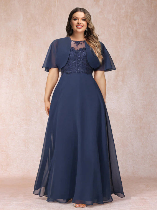 A-Line Chiffon Long Plus Size Mother of the Bride Dresses with Jacket & Appliques