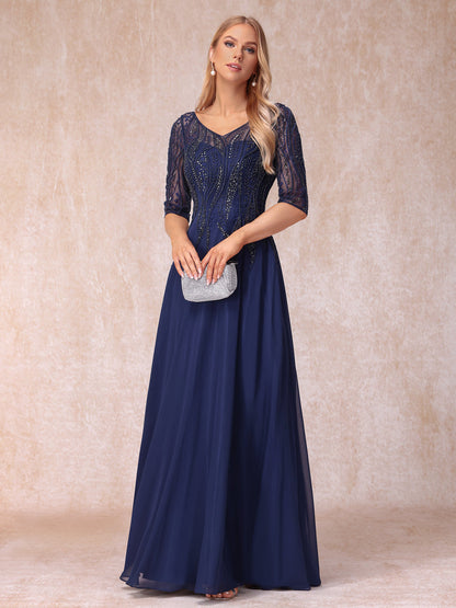 A-Line/Princess V-Neck Half Sleeves Long Formal Evening Dresses with Beading