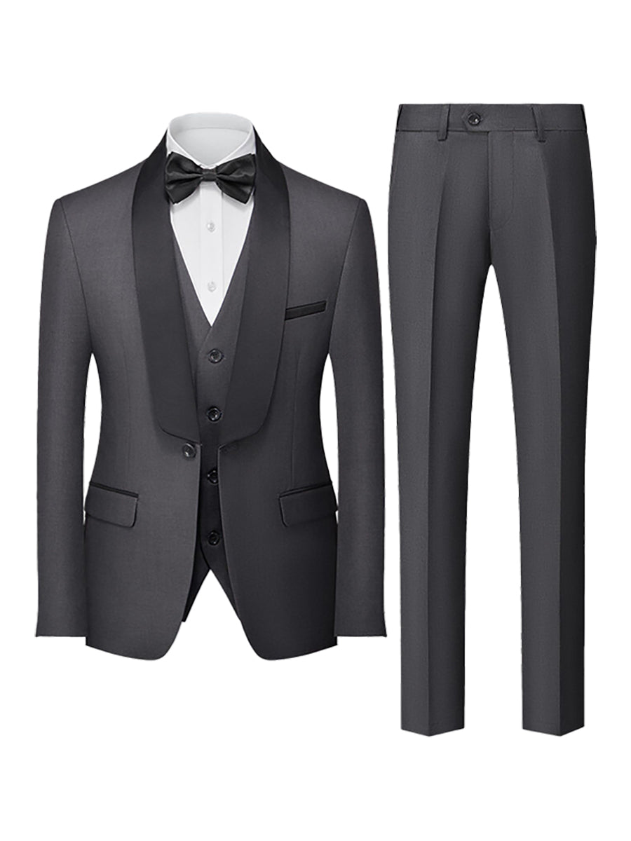 Tailored Fit Shawl Lapel Single Breasted One-button 3 Pieces Solid Colored Men's Suits