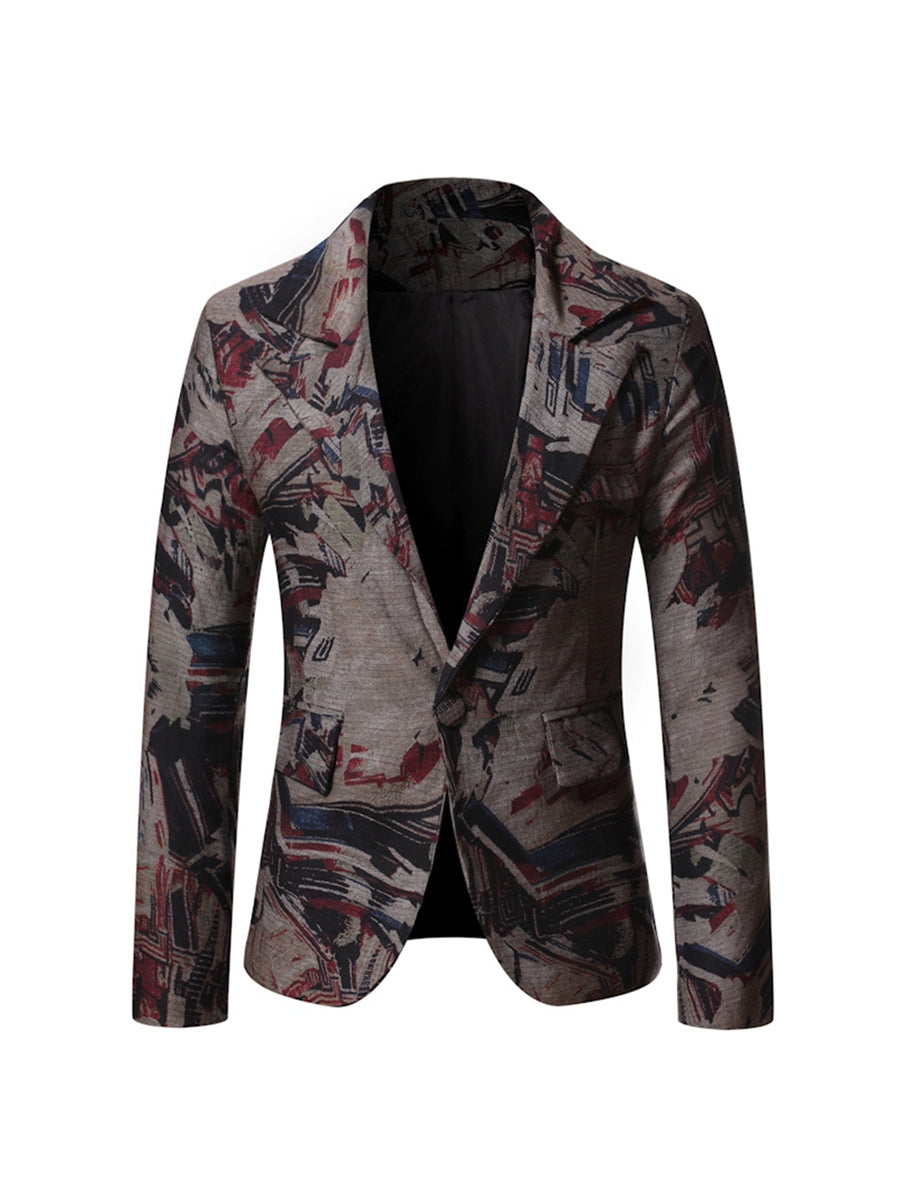 Tailored Fit Notched Lapel Single Breasted One-button Stylish Printed Men's Jacket