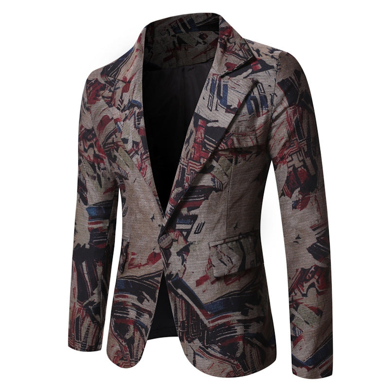 Tailored Fit Notched Lapel Single Breasted One-button Stylish Printed Men's Jacket