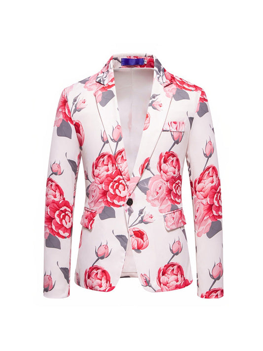 Tailored Fit Notch Single Breasted One-Button Printed Rose Men's Party Jacket
