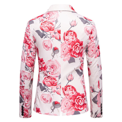 Tailored Fit Notch Single Breasted One-Button Printed Rose Men's Party Jacket