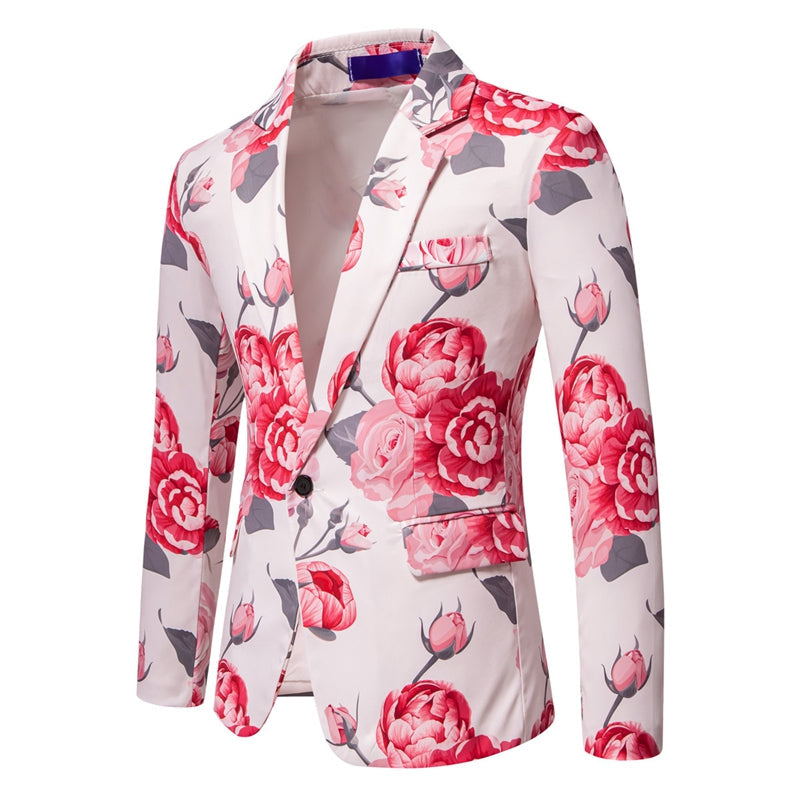 Tailored Fit Notch Single Breasted One-Button Printed Rose Men's Party Jacket