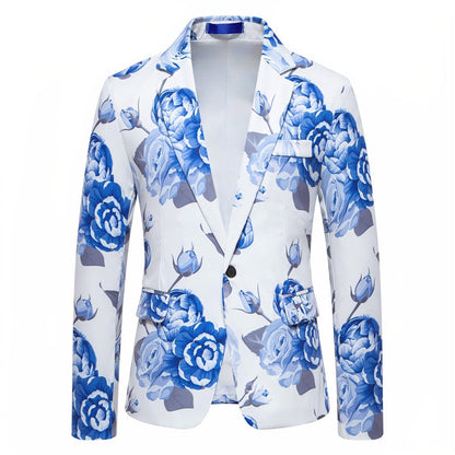 Tailored Fit Notch Single Breasted One-Button Printed Rose Men's Party Jacket