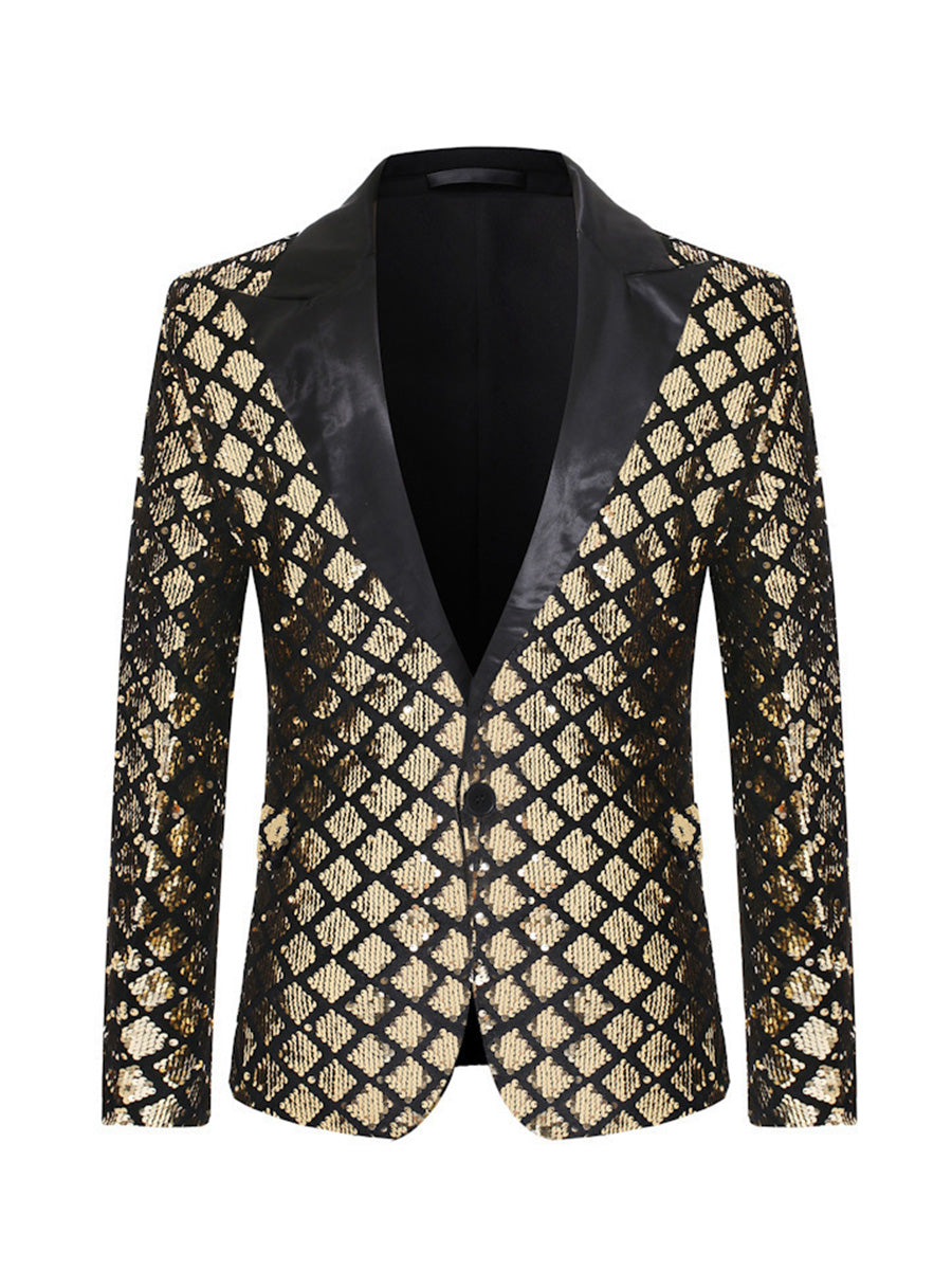 Tailored Fit Peaked Lapel Single Breasted One-Button Sequin Men's Party Jacket