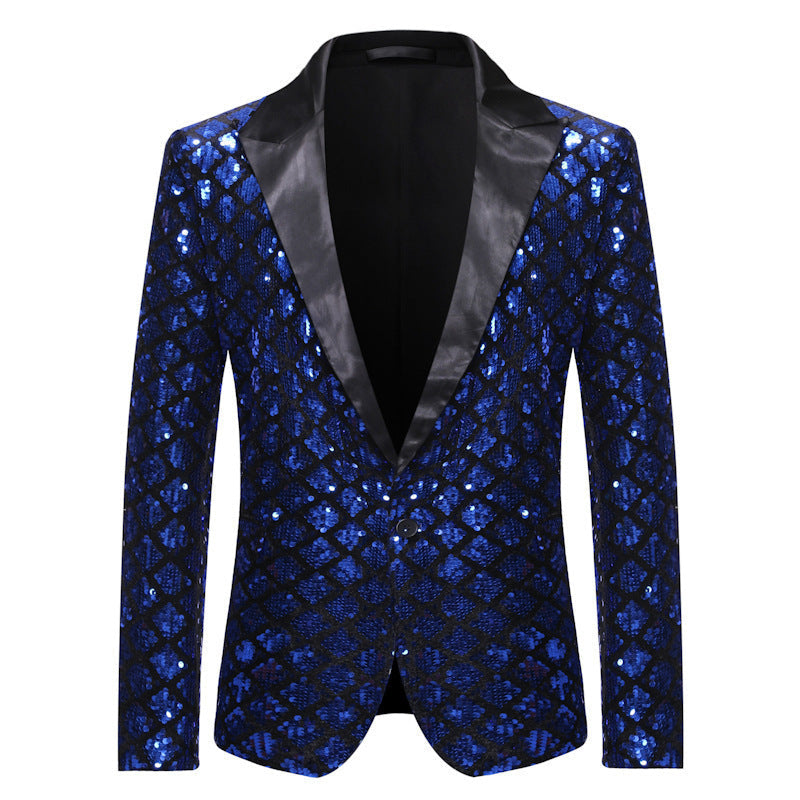 Tailored Fit Peaked Lapel Single Breasted One-Button Sequin Men's Party Jacket