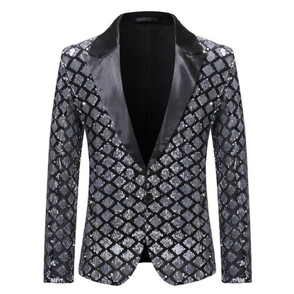 Tailored Fit Peaked Lapel Single Breasted One-Button Sequin Men's Party Jacket
