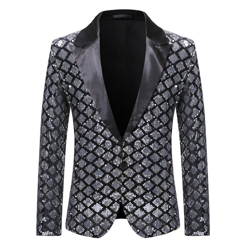 Tailored Fit Peaked Lapel Single Breasted One-Button Sequin Men's Party Jacket