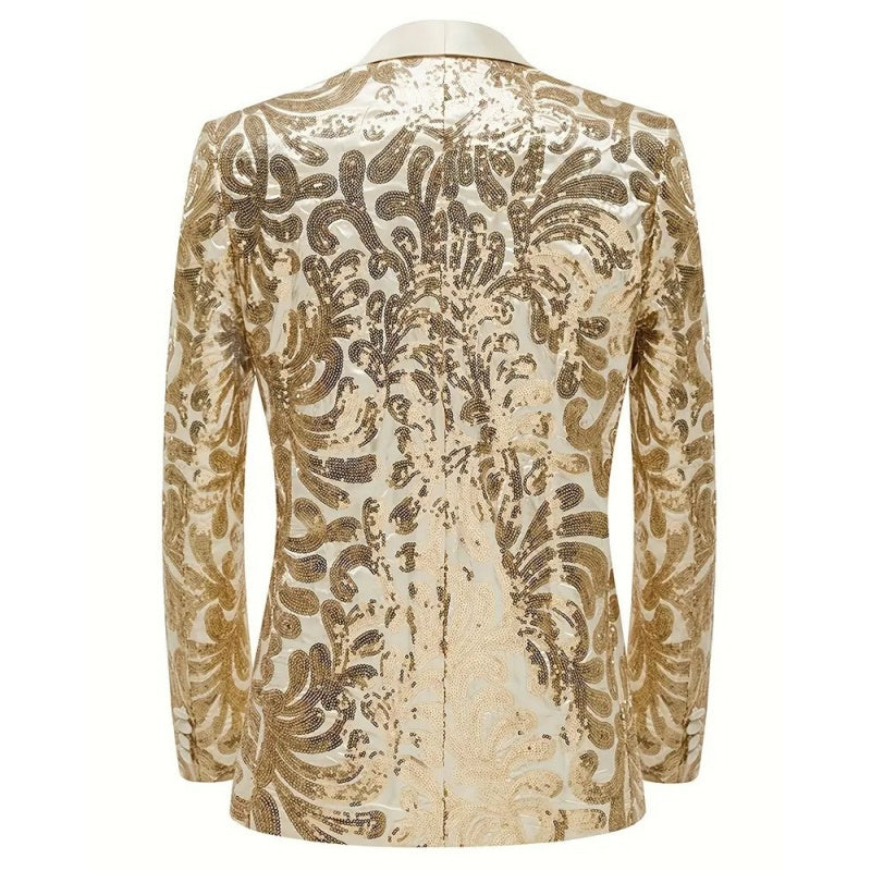 Tailored Fit Shawl Lapel Single Breasted One-Button Men's Party Jacket with Sequins Appliques