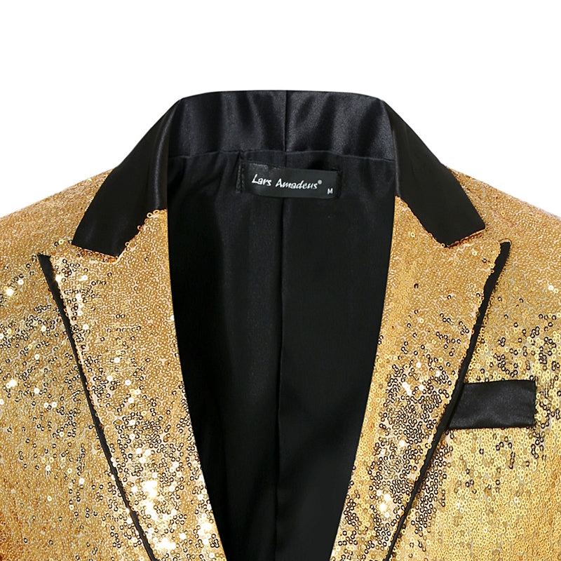 Tailored Fit Peaked Lapel Single Breasted One-Button Sequin Men's Party Jacket with Pockets