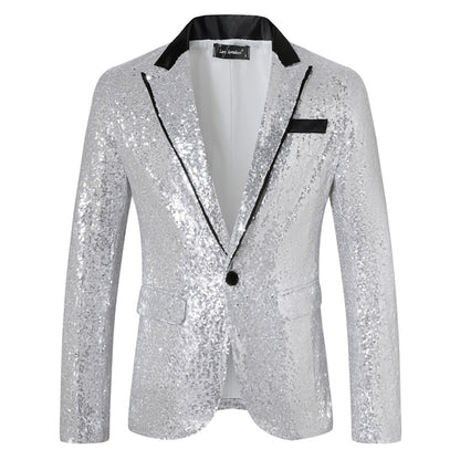 Tailored Fit Peaked Lapel Single Breasted One-Button Sequin Men's Party Jacket with Pockets