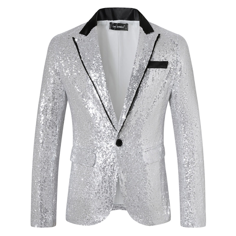 Tailored Fit Peaked Lapel Single Breasted One-Button Sequin Men's Party Jacket with Pockets