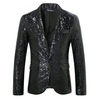 Tailored Fit Peaked Lapel Single Breasted One-Button Sequin Men's Party Jacket with Pockets