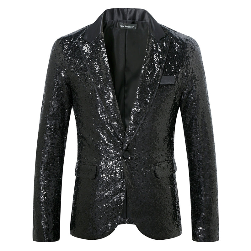 Tailored Fit Peaked Lapel Single Breasted One-Button Sequin Men's Party Jacket with Pockets