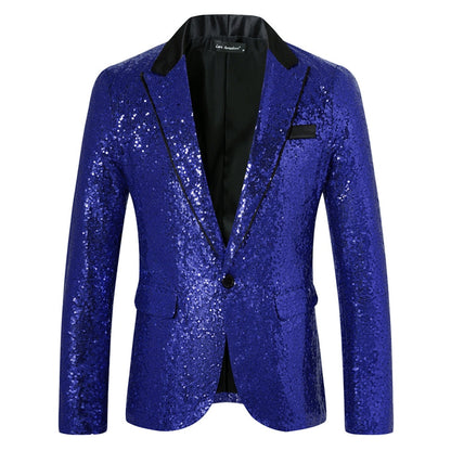 Tailored Fit Peaked Lapel Single Breasted One-Button Sequin Men's Party Jacket with Pockets