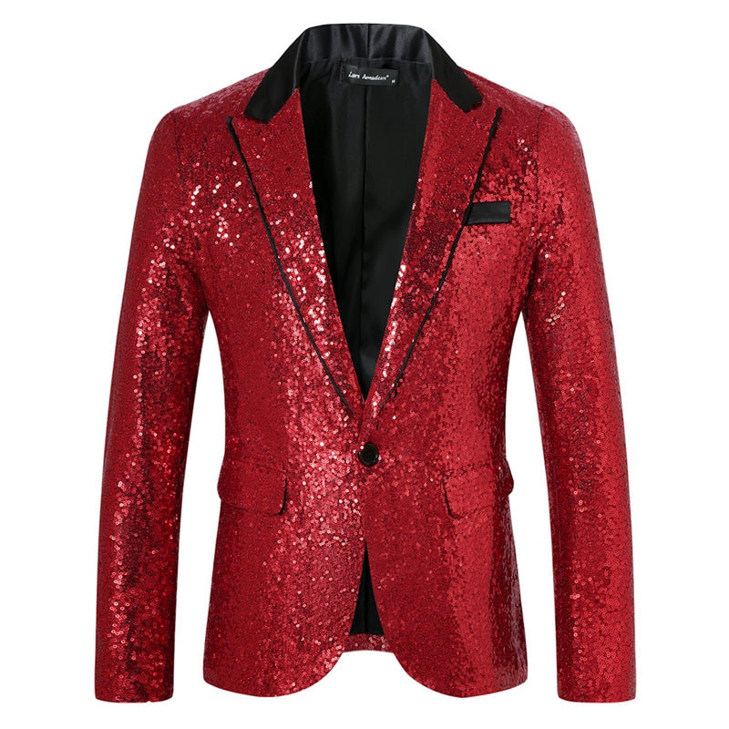 Tailored Fit Peaked Lapel Single Breasted One-Button Sequin Men's Party Jacket with Pockets