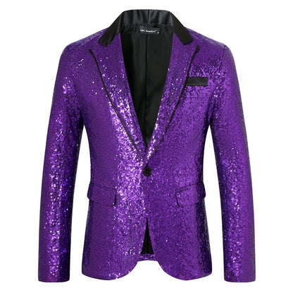 Tailored Fit Peaked Lapel Single Breasted One-Button Sequin Men's Party Jacket with Pockets