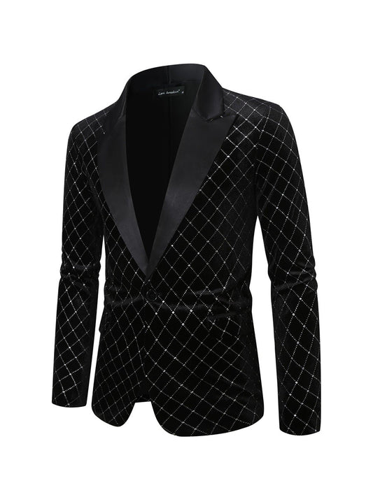 Tailored Fit Peaked Lapel Single Breasted One-Button Diamond Pattern Men's Party Jacket