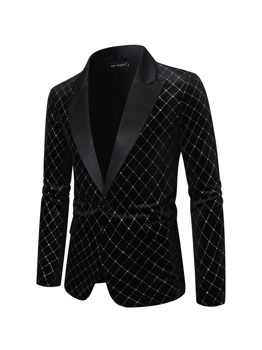 Tailored Fit Peaked Lapel Single Breasted One-Button Diamond Pattern Men's Party Jacket