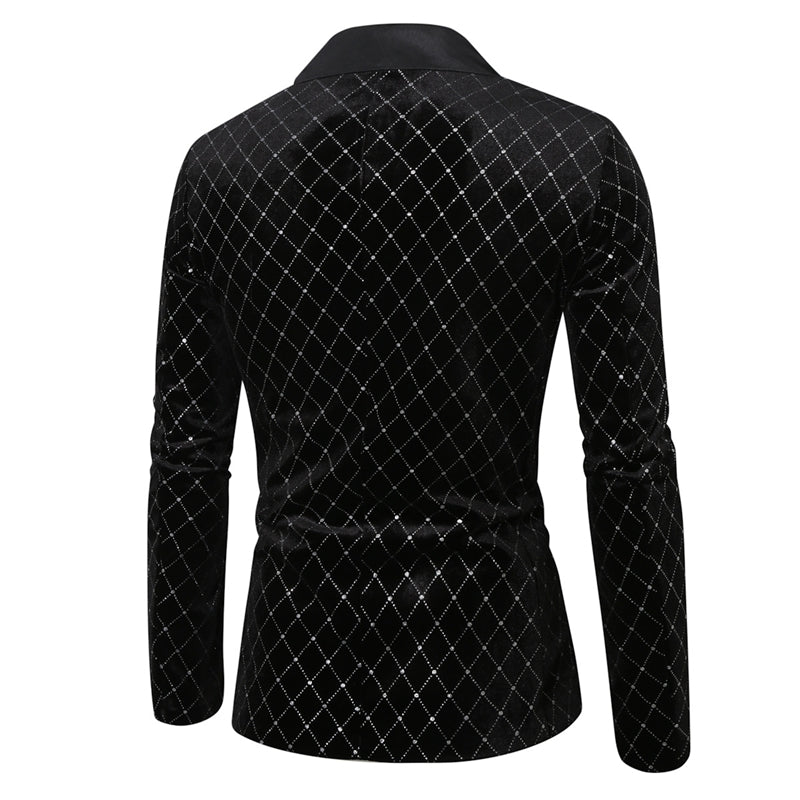Tailored Fit Peaked Lapel Single Breasted One-Button Diamond Pattern Men's Party Jacket