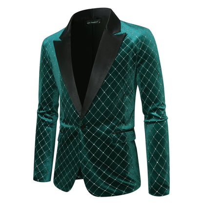 Tailored Fit Peaked Lapel Single Breasted One-Button Diamond Pattern Men's Party Jacket