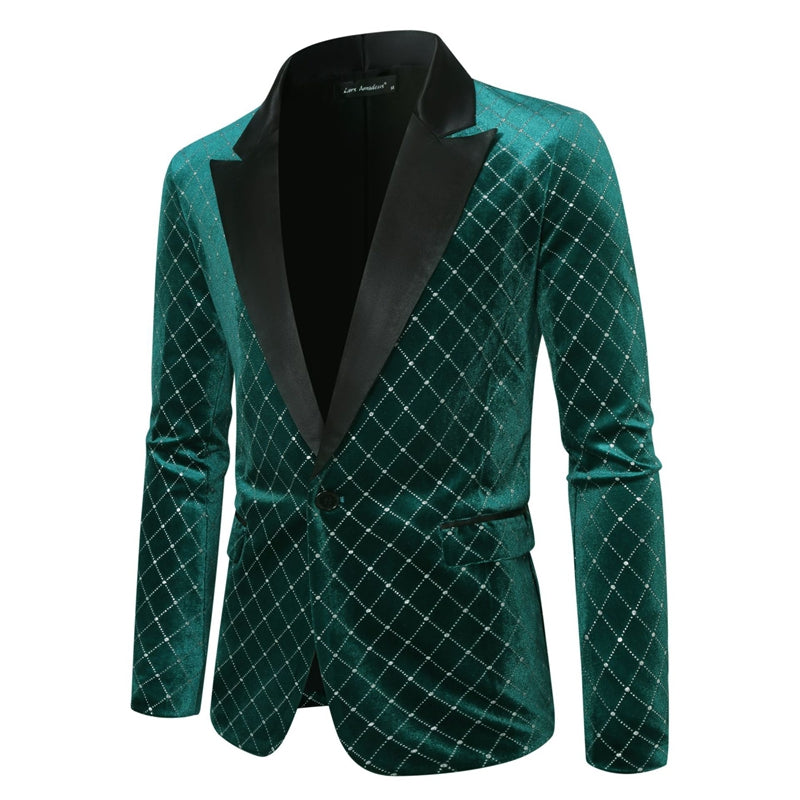 Tailored Fit Peaked Lapel Single Breasted One-Button Diamond Pattern Men's Party Jacket
