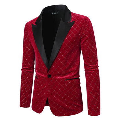 Tailored Fit Peaked Lapel Single Breasted One-Button Diamond Pattern Men's Party Jacket