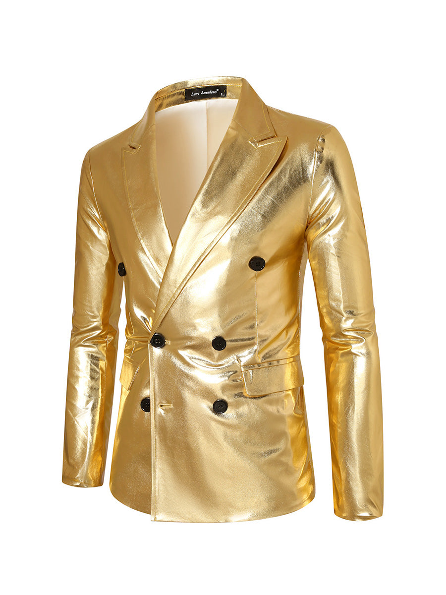 Tailored Fit Peaked Lapel Double Breasted Six-Button Metallic Men's Party Jacket