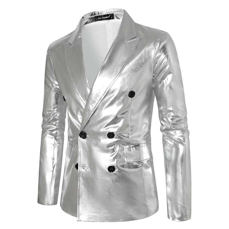 Tailored Fit Peaked Lapel Double Breasted Six-Button Metallic Men's Party Jacket