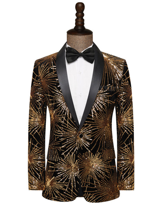 Tailored Fit Notched Lapel Single Breasted One-Button Men's Party Jacket with Sequins