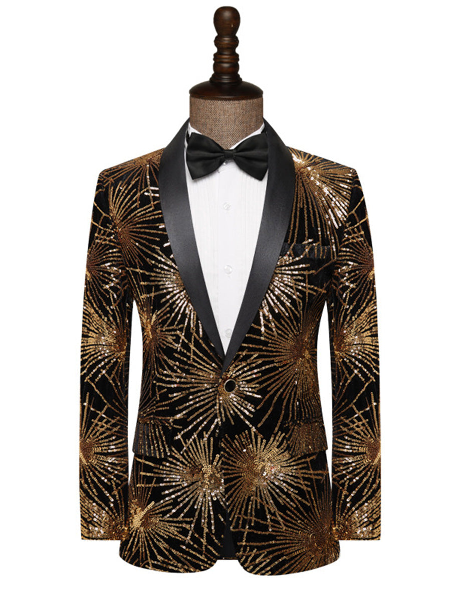 Tailored Fit Notched Lapel Single Breasted One-Button Men's Party Jacket with Sequins