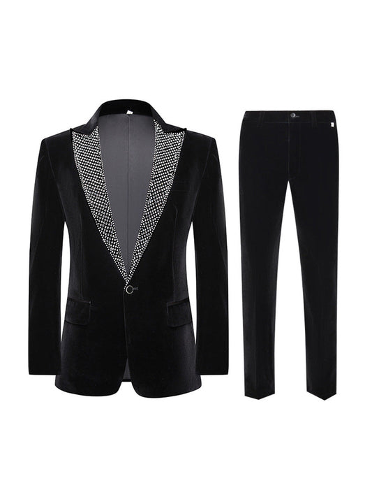 Tailored Fit Peaked Lapel Single Breasted One-Button 2 Pieces Men's Party Suits with Rhinestones