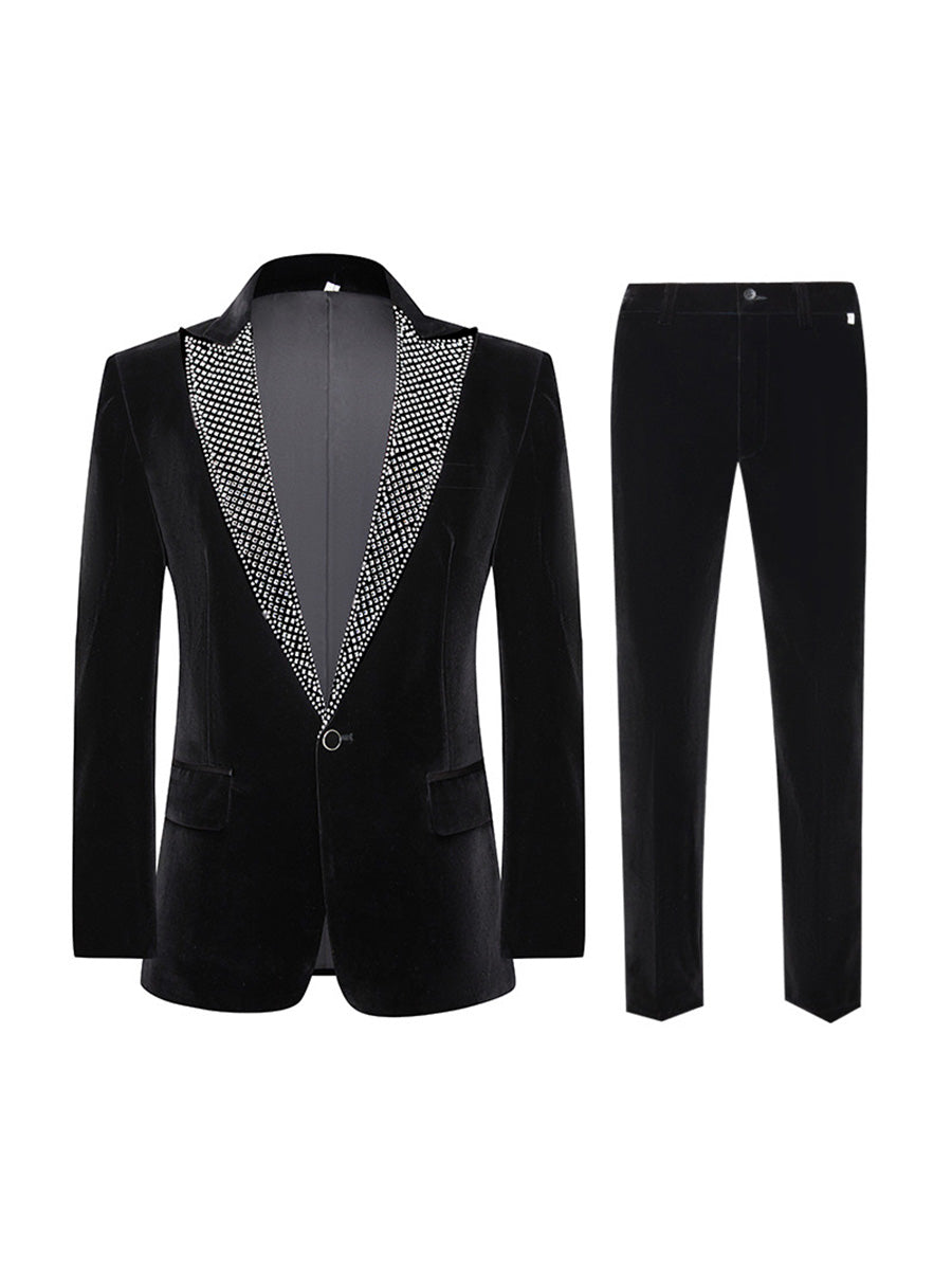 Tailored Fit Peaked Lapel Single Breasted One-Button 2 Pieces Men's Party Suits with Rhinestones