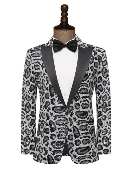 Tailored Fit Peaked Lapel Single Breasted One-Button Leopard Prined Sequin Men's Party Jacket