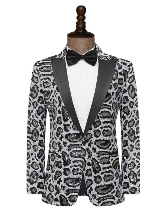 Tailored Fit Peaked Lapel Single Breasted One-Button Leopard Prined Sequin Men's Party Jacket