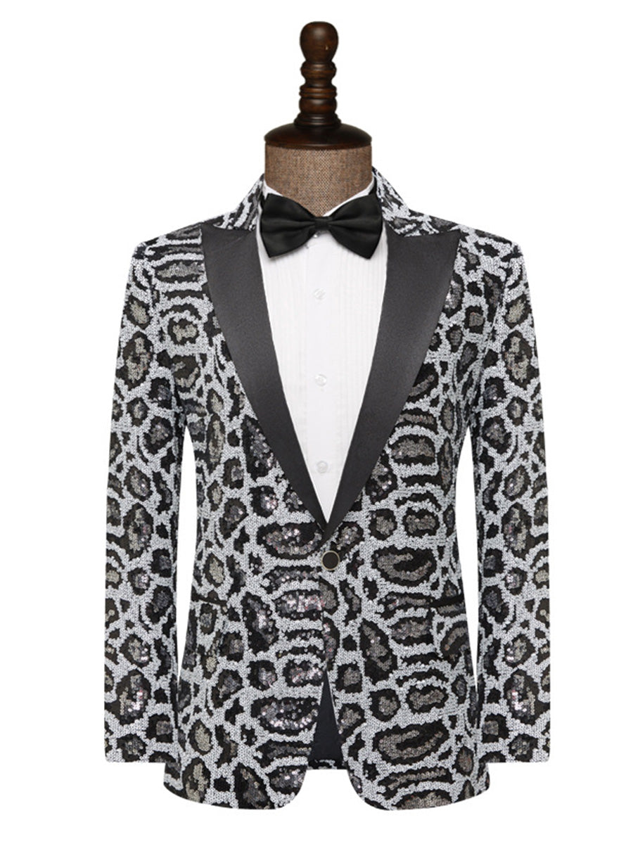 Tailored Fit Peaked Lapel Single Breasted One-Button Leopard Prined Sequin Men's Party Jacket