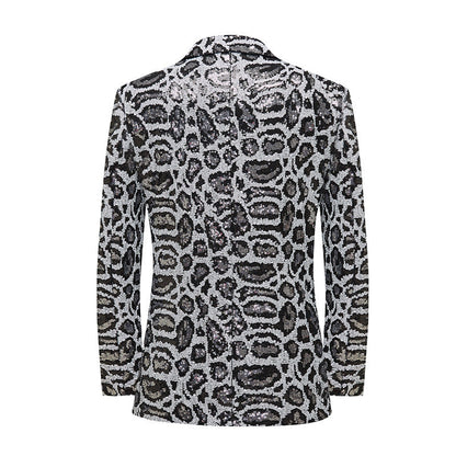Tailored Fit Peaked Lapel Single Breasted One-Button Leopard Prined Sequin Men's Party Jacket
