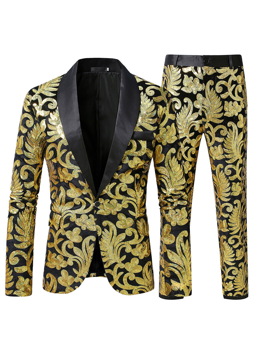Tailored Fit Shawl Lapel Single Breasted One-Button 2 Piece Men's Party Suits with Sequin Appliques