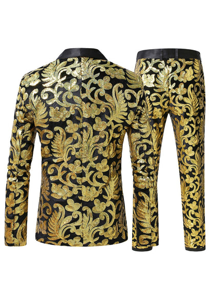 Tailored Fit Shawl Lapel Single Breasted One-Button 2 Piece Men's Party Suits with Sequin Appliques