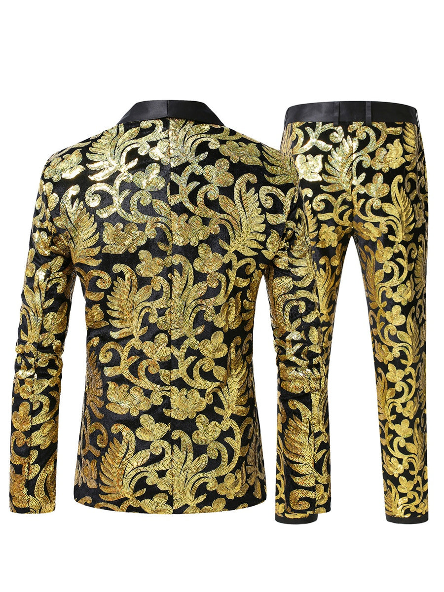 Tailored Fit Shawl Lapel Single Breasted One-Button 2 Piece Men's Party Suits with Sequin Appliques