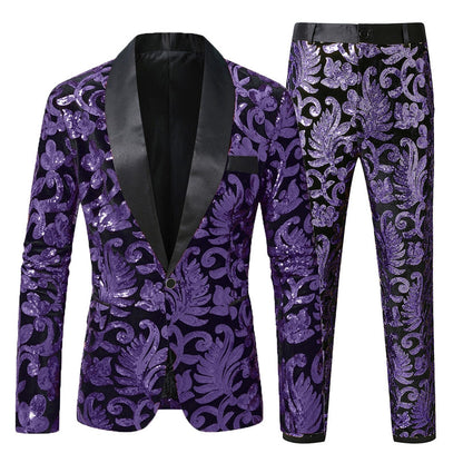 Tailored Fit Shawl Lapel Single Breasted One-Button 2 Piece Men's Party Suits with Sequin Appliques
