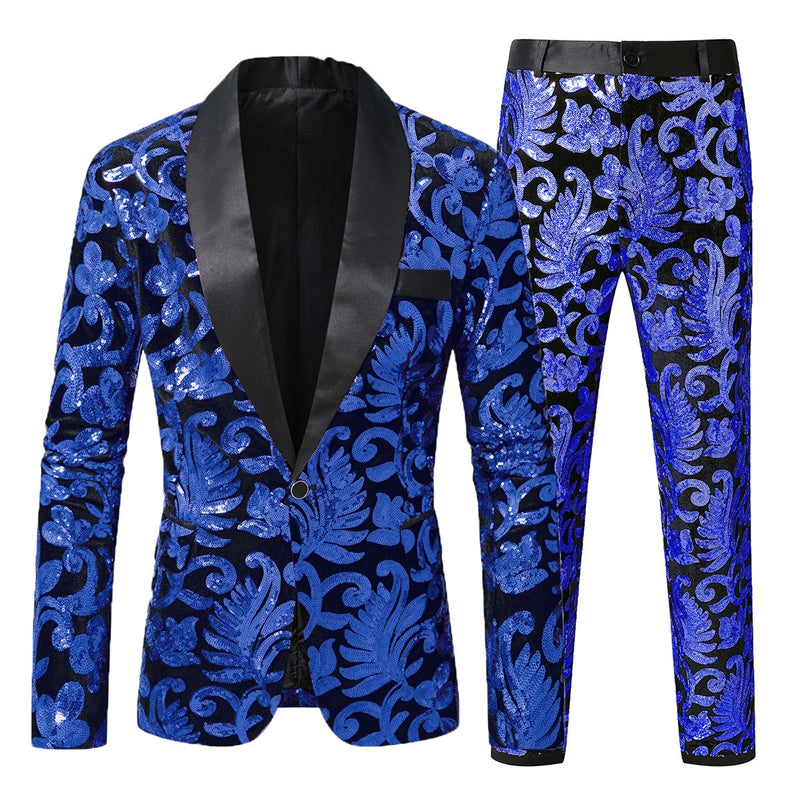 Tailored Fit Shawl Lapel Single Breasted One-Button 2 Piece Men's Party Suits with Sequin Appliques