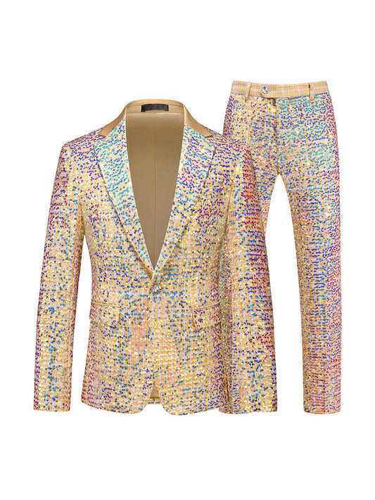 Tailored Fit Notched Lapel Single Breasted One-Button Sequin 2 Piece Men's Party Suits