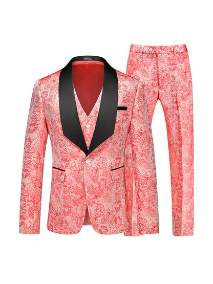 Tailored Fit Shawl Lapel Single Breasted One-Button Floral 3 Piece Men's Party Suits