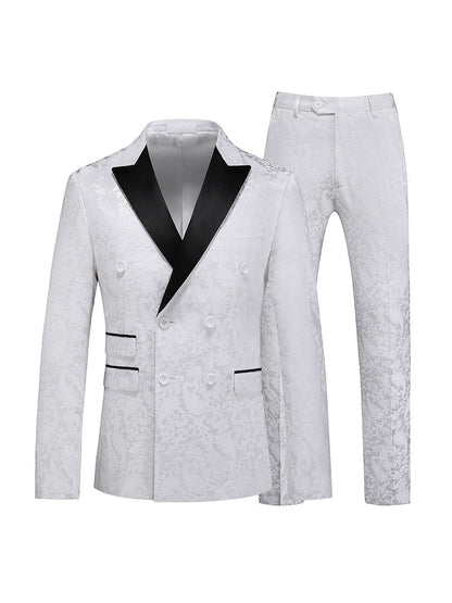 Tailored Fit Peaked Lapel Double Breasted Six-Buttons Jacquard 2 Piece Men's Party Suits
