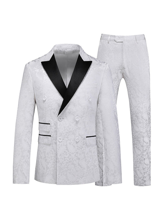 Tailored Fit Peaked Lapel Double Breasted Six-Buttons Jacquard 2 Piece Men's Party Suits